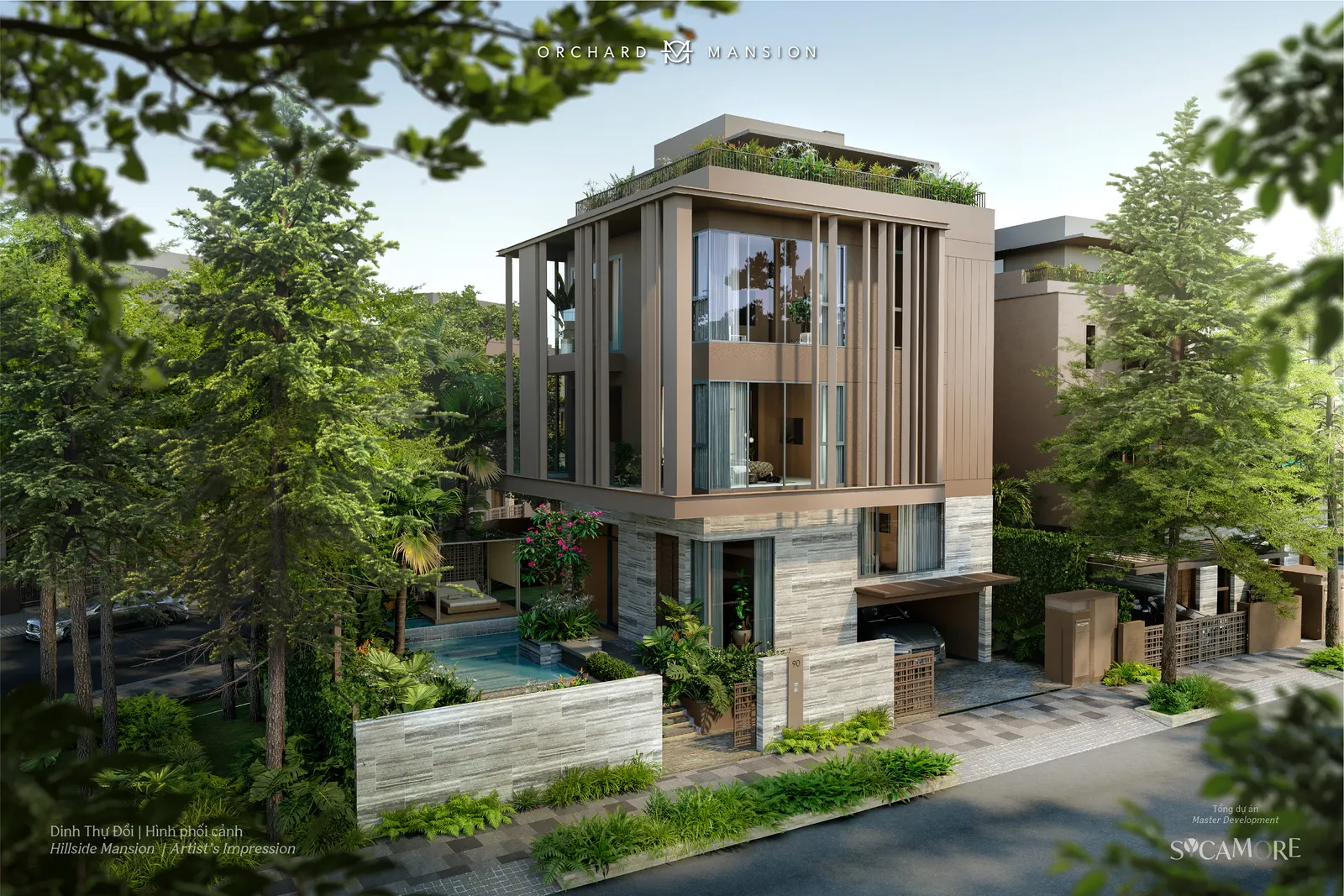 Mặt ngoài Dinh thự đồi hoàn thiện gạch vân đá travertine